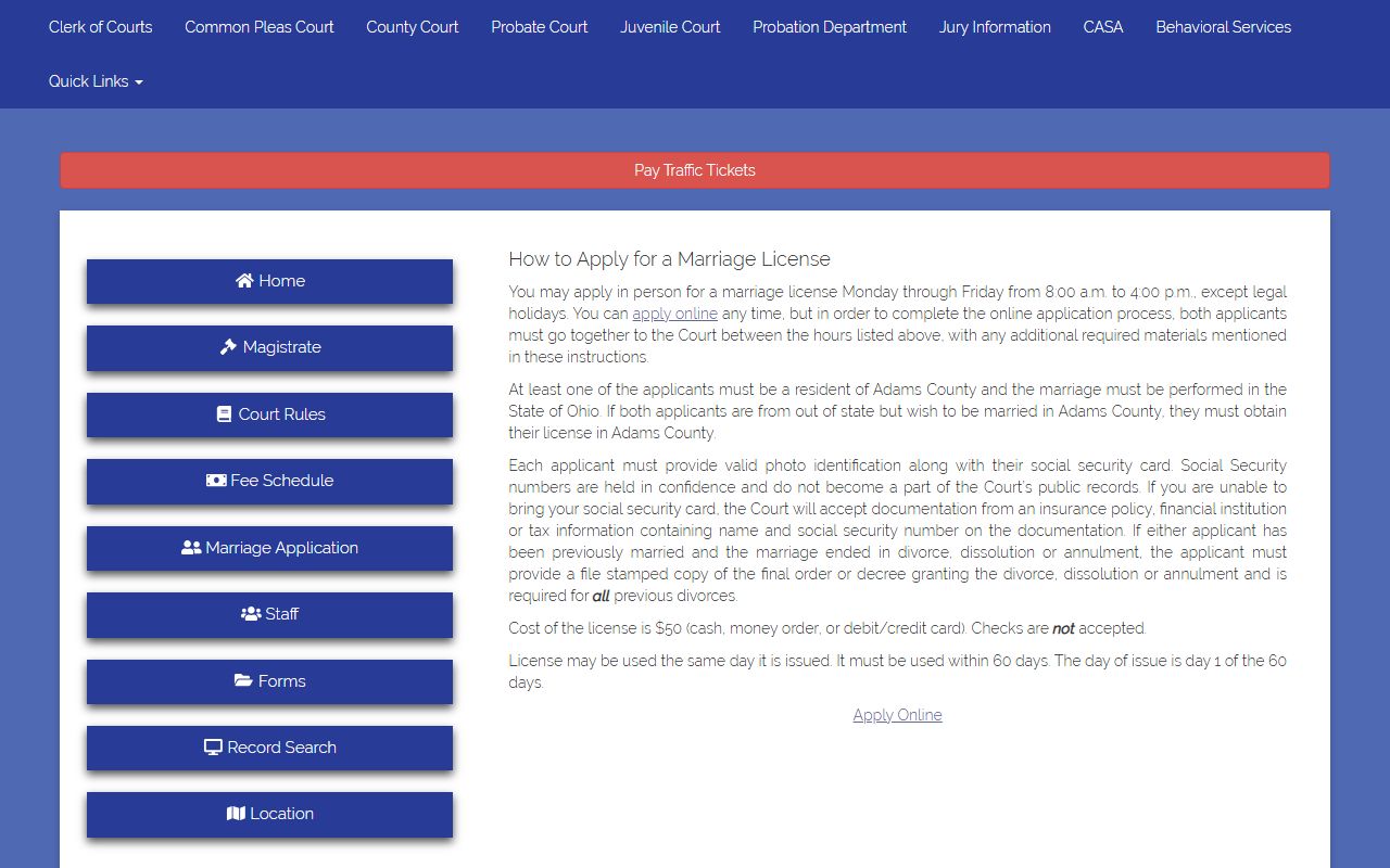 Adams County marriage license application portal screenshot