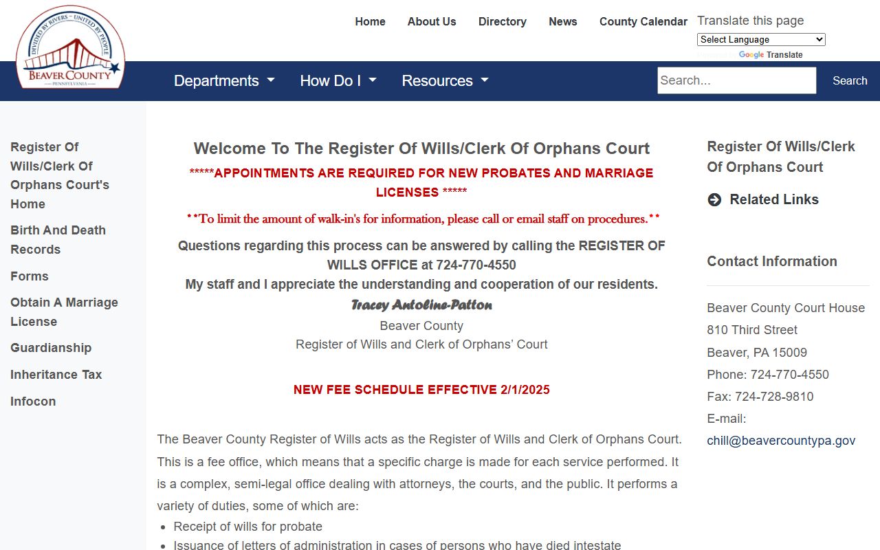 Beaver County Register of Wills resource page for marriage license applicants