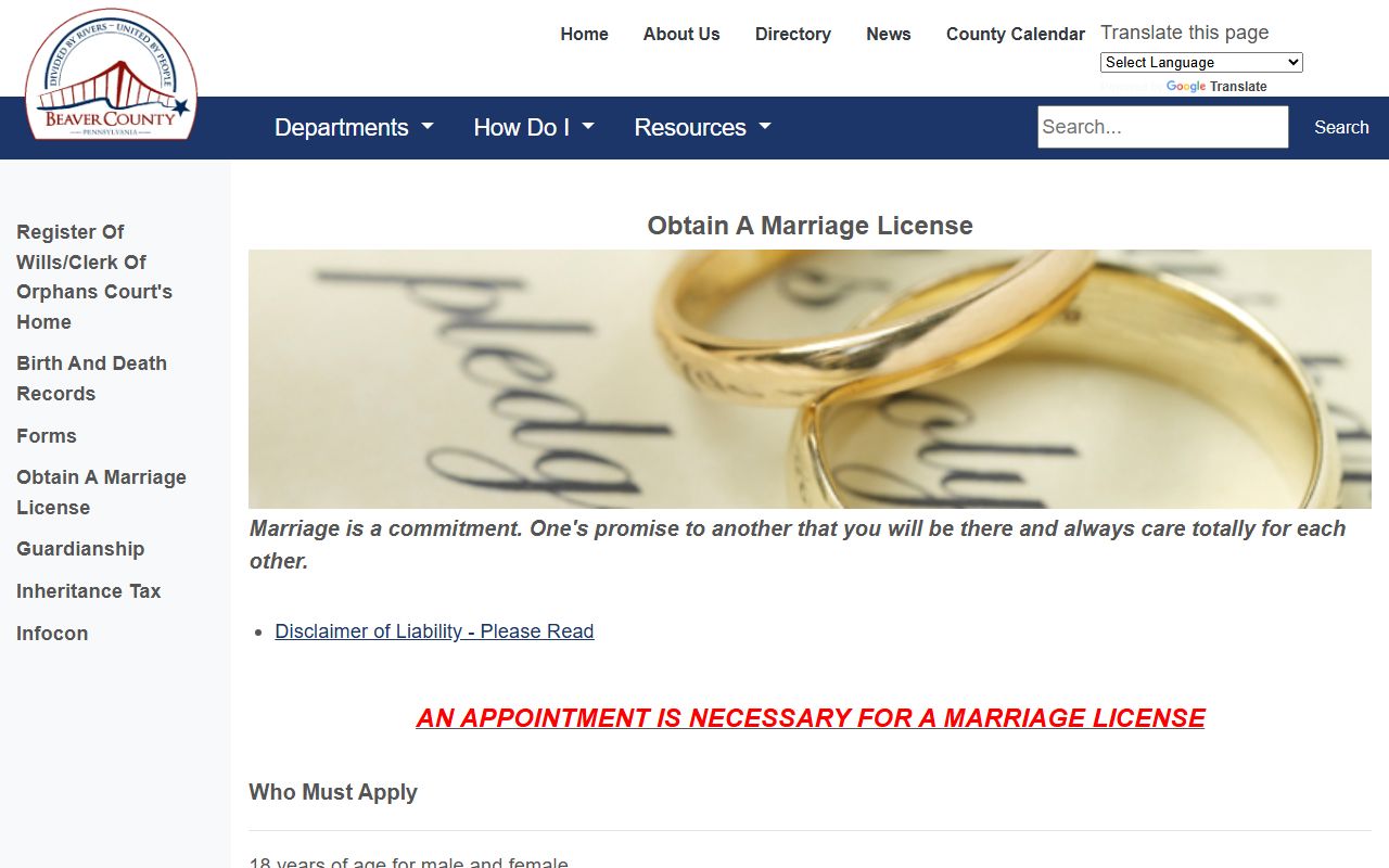Beaver County marriage license information page from the Register of Wills