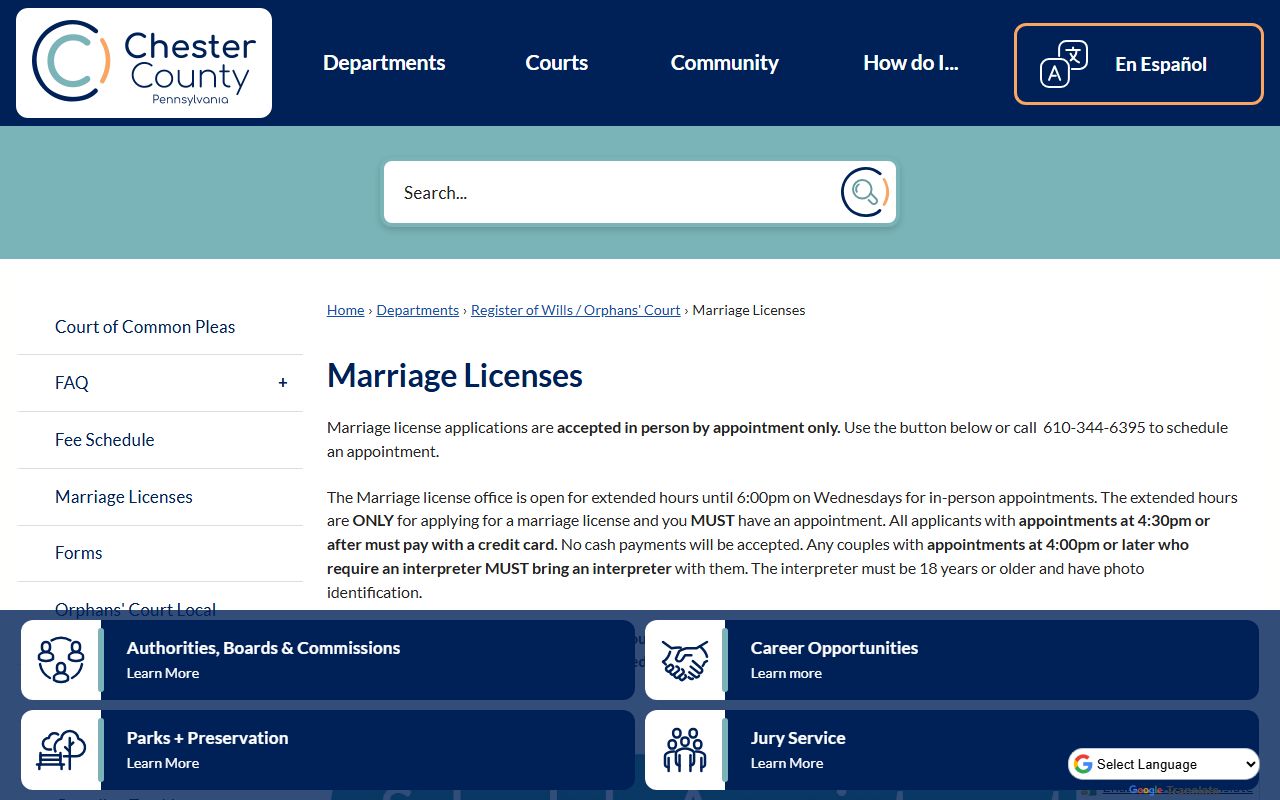 Chester County marriage license official page