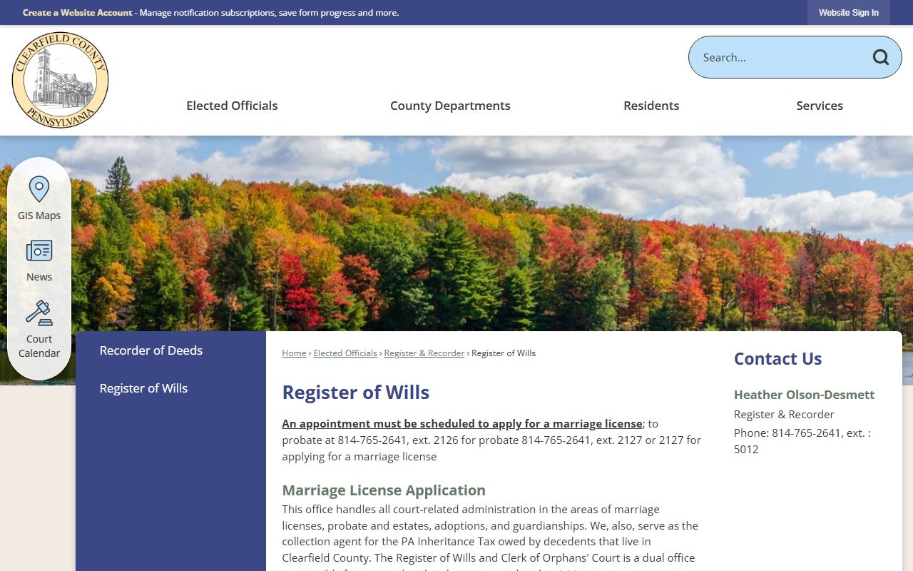 Clearfield County marriage license Register of Wills