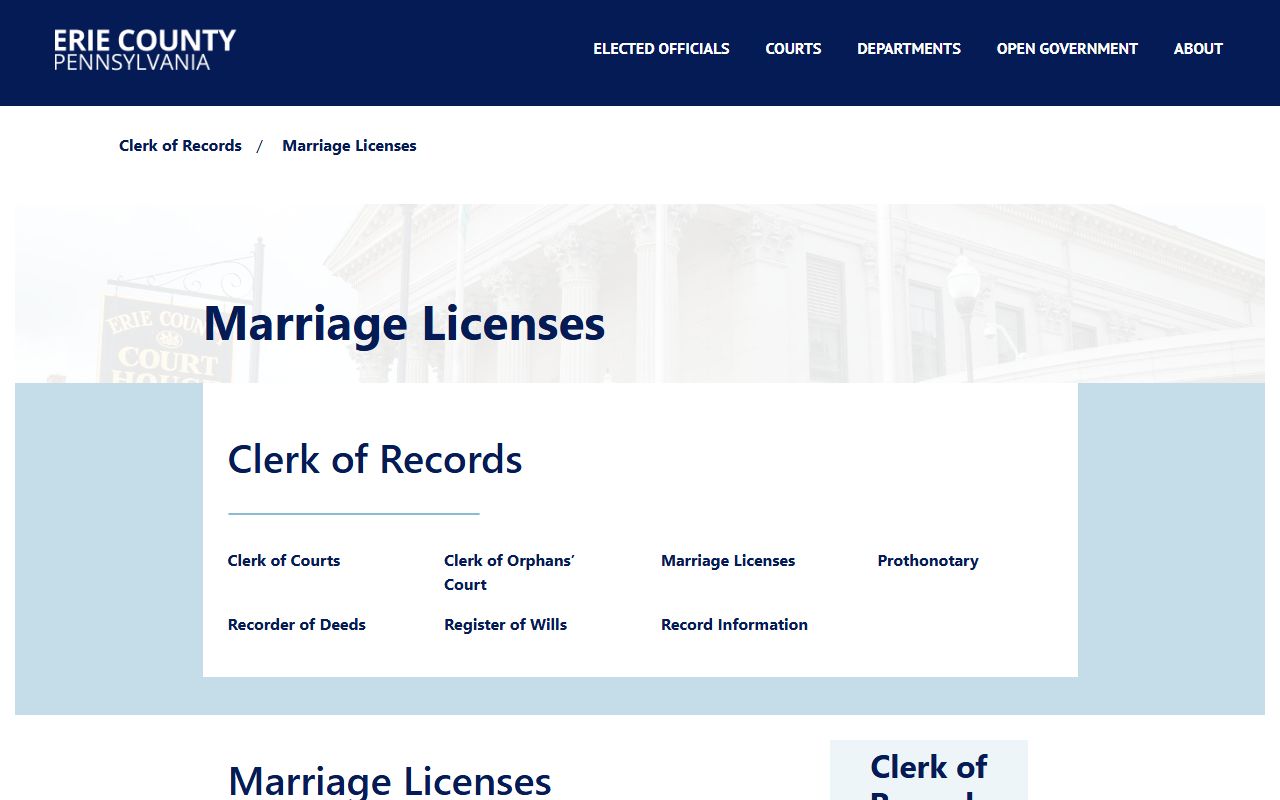 Erie County Clerk of Records marriage licenses page for Erie Pennsylvania