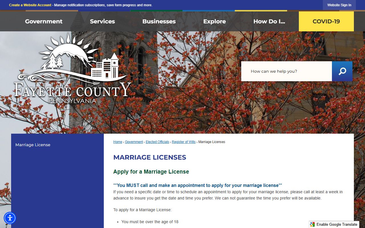 Fayette County marriage license Register of Wills page