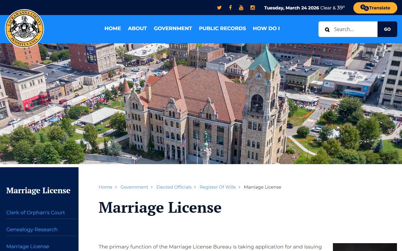 Lackawanna County Register of Wills marriage license page
