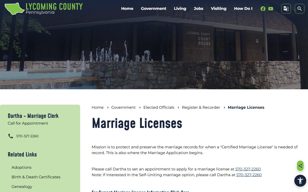 Lycoming County Register of Wills marriage licenses page