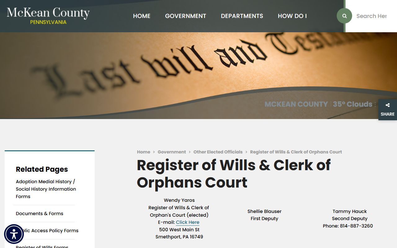 McKean County Register of Wills and Clerk of Orphans Court for marriage license