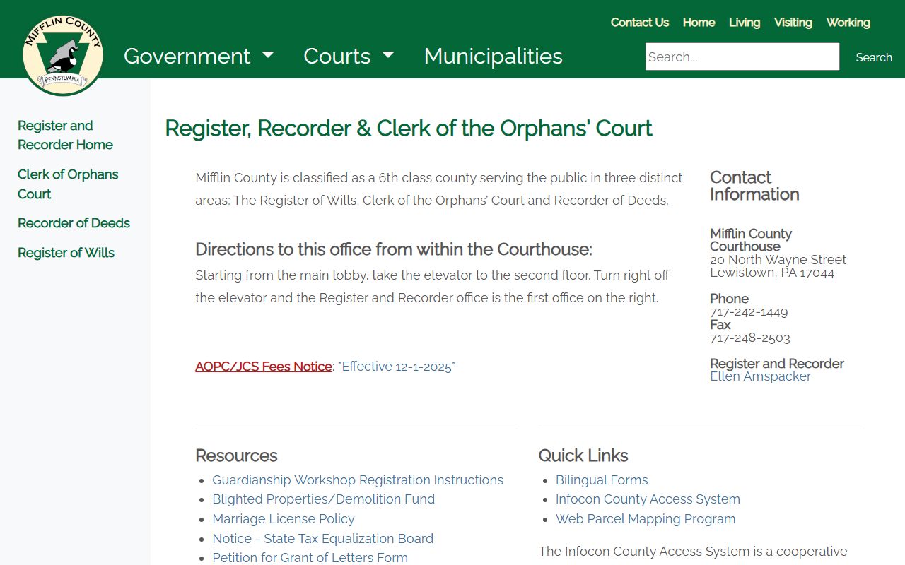 Mifflin County Register and Recorder office for marriage license