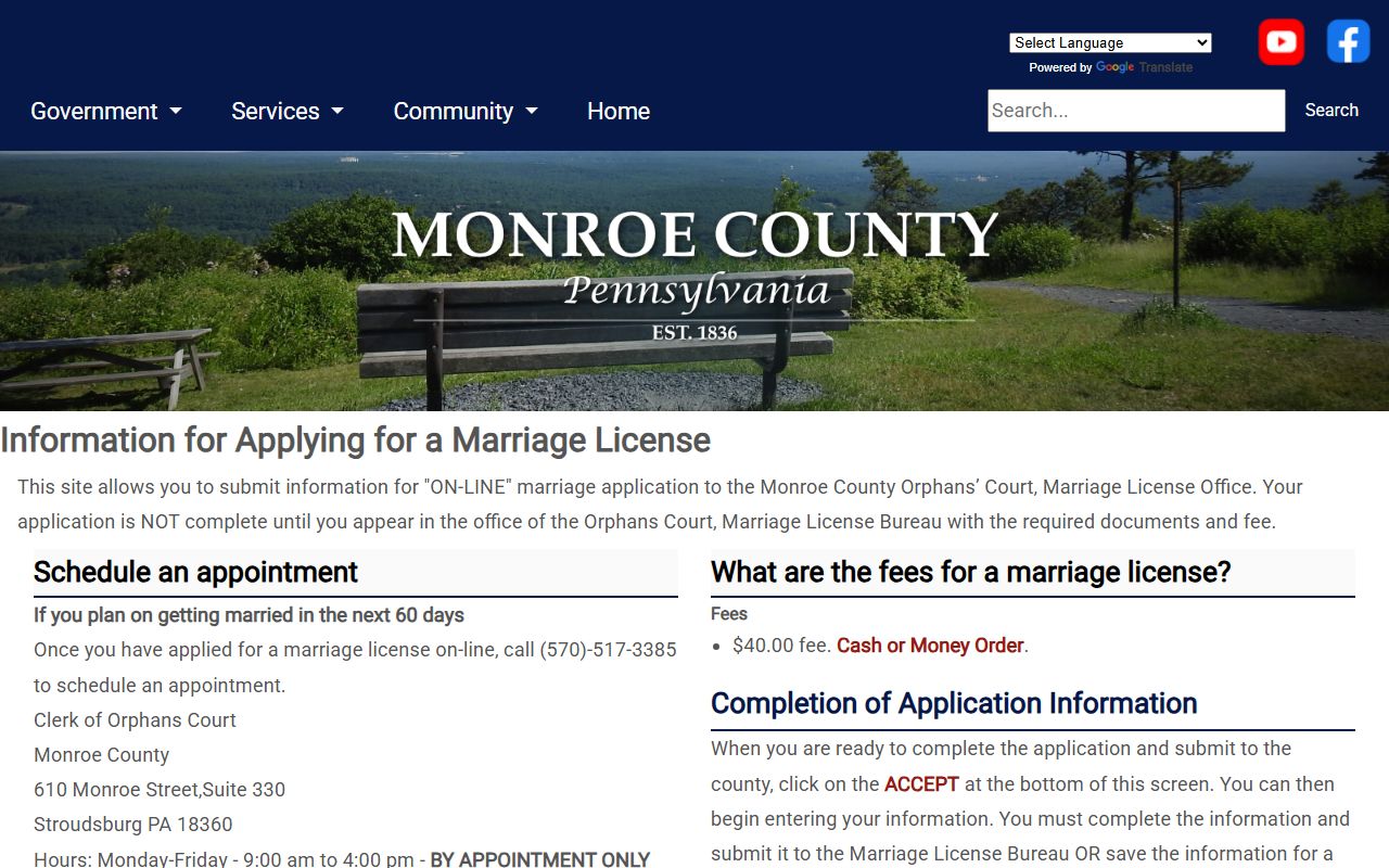 Monroe County marriage license page in Stroudsburg Pennsylvania