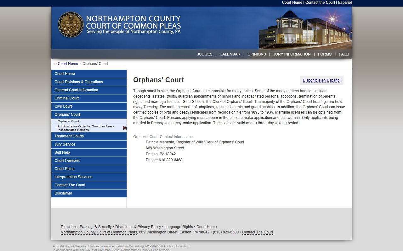 Northampton County Orphans Court page for Bethlehem marriage license information