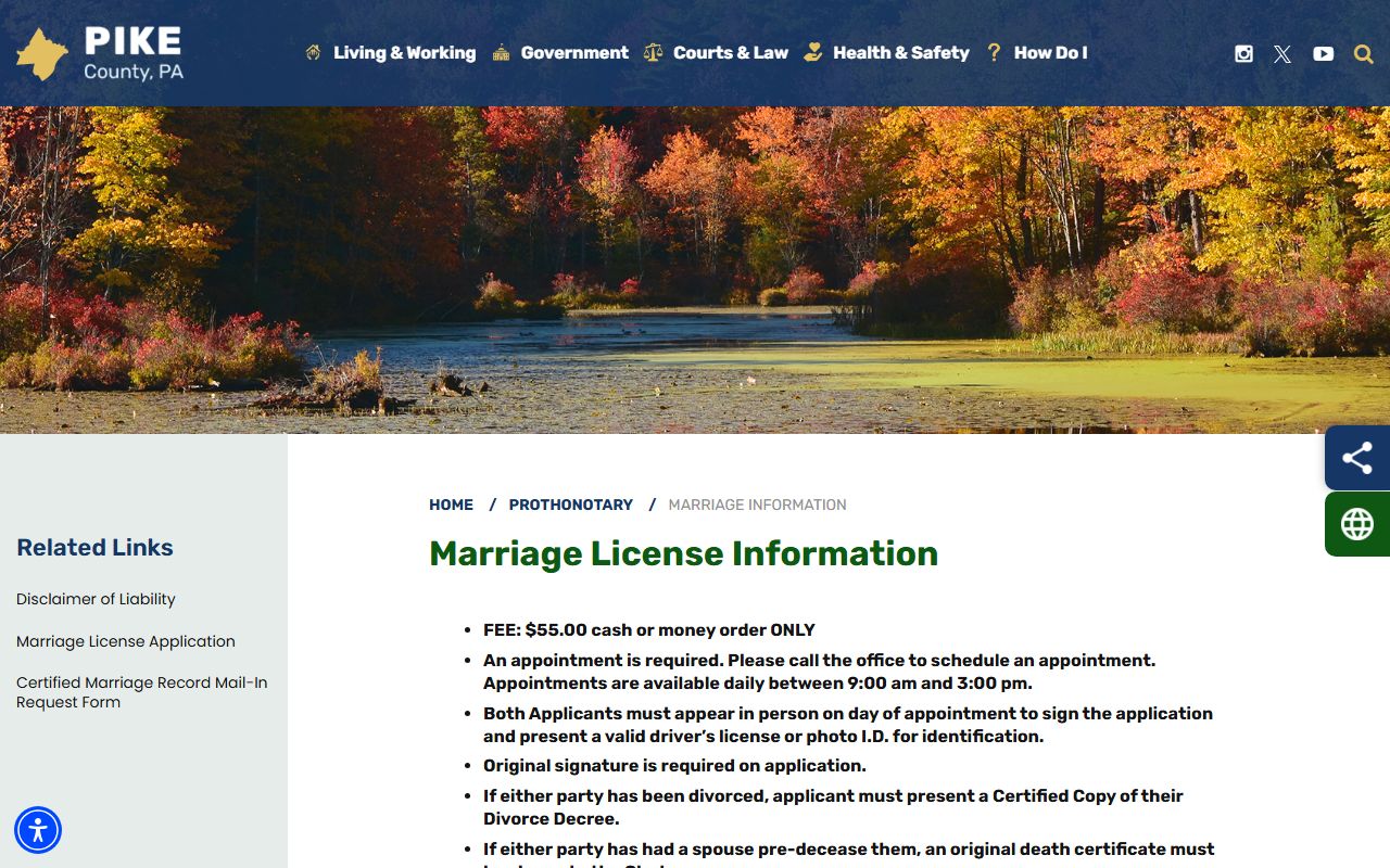 Pike County marriage information page for marriage license in Milford Pennsylvania