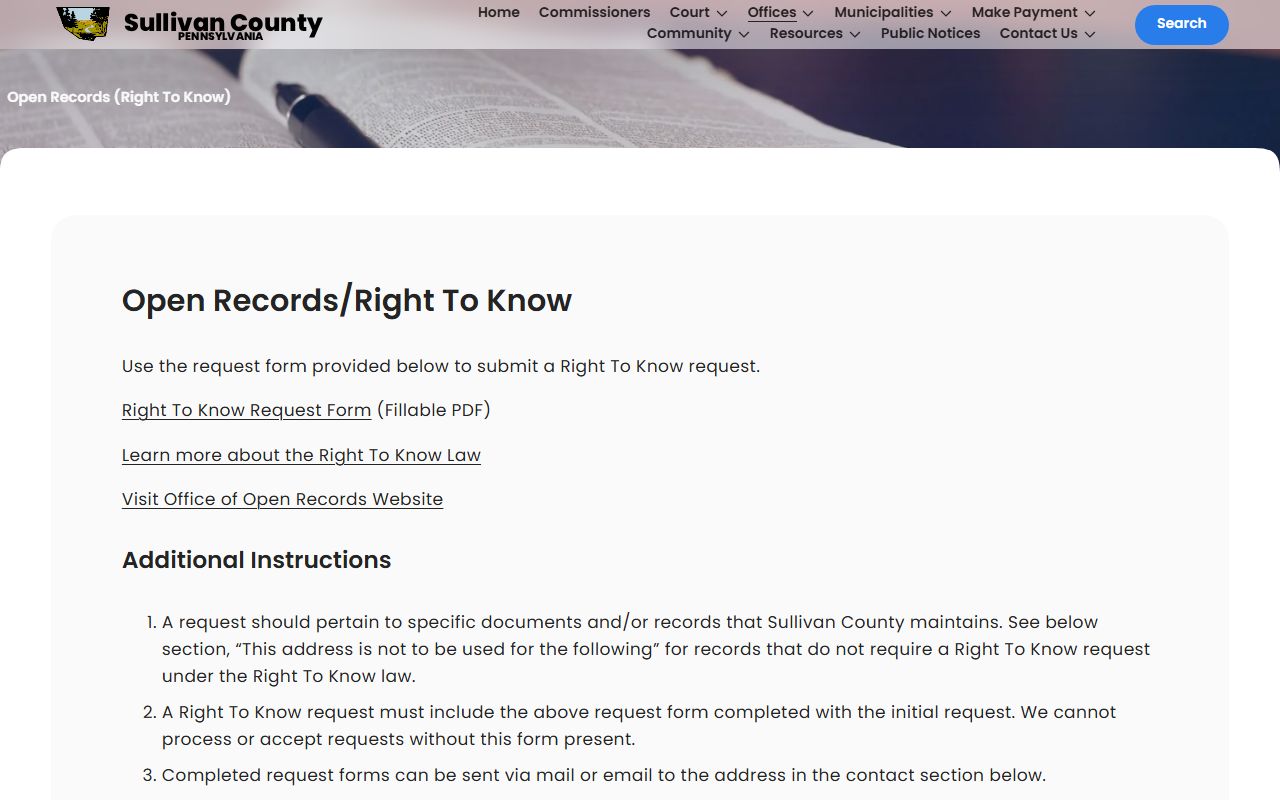 Sullivan County right to know requests page for public records in Laporte Pennsylvania