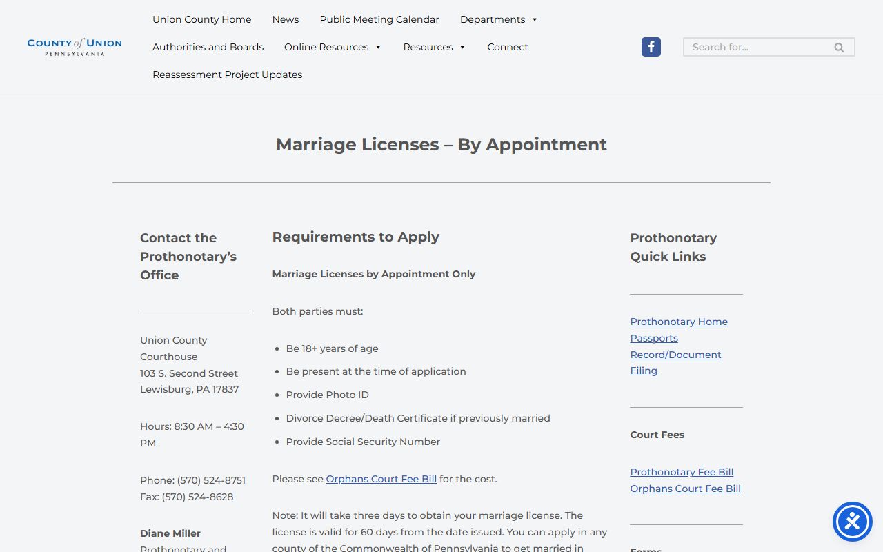 Union County marriage licenses page for Prothonotary and Clerk of Courts in Lewisburg Pennsylvania