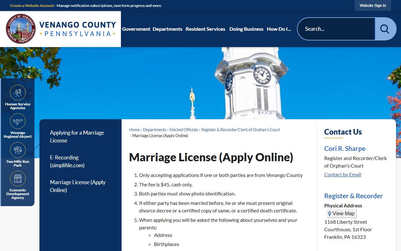 Venango County online marriage license application page in Franklin Pennsylvania