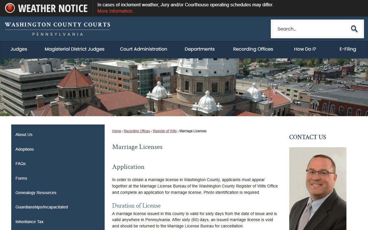 Washington County Register of Wills marriage licenses page in Washington Pennsylvania