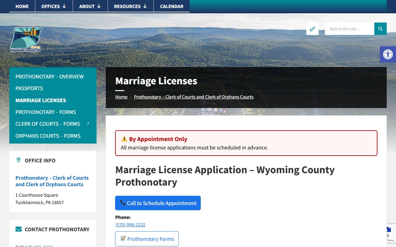 Wyoming County Register of Wills marriage license page in Tunkhannock Pennsylvania