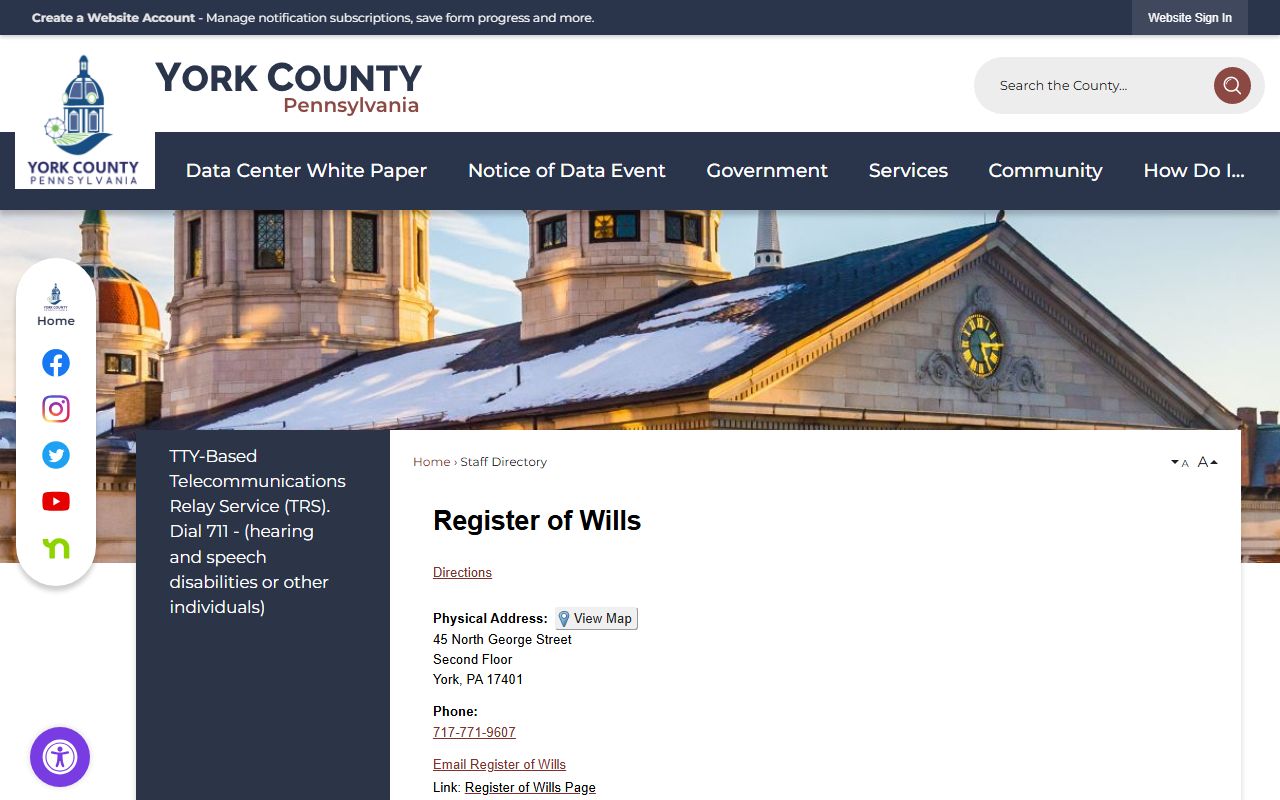 York County Register of Wills directory page for marriage license in York Pennsylvania