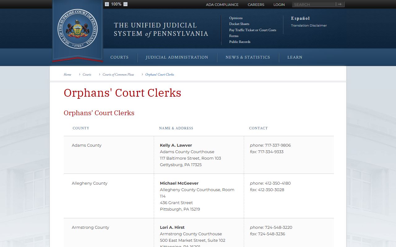 Pennsylvania Courts directory of all 67 county Orphans Court Clerks for marriage licenses