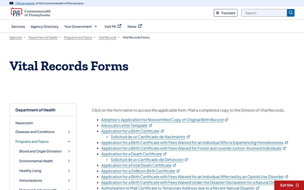 Pennsylvania Department of Health vital records forms page including marriage related applications