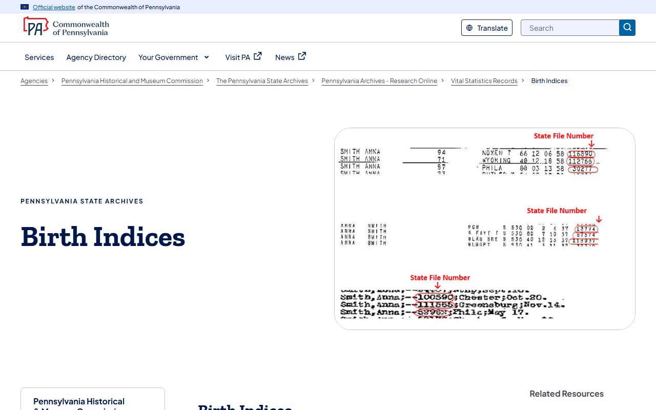 Pennsylvania State Archives birth indices database 1906 to 1920 for genealogical research