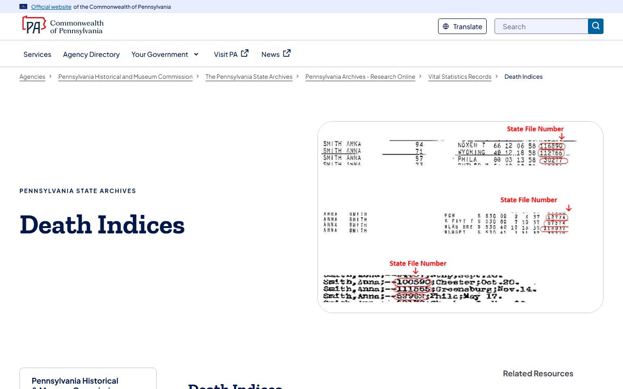 Pennsylvania State Archives death indices database 1906 to 1975 for remarriage and widowhood research