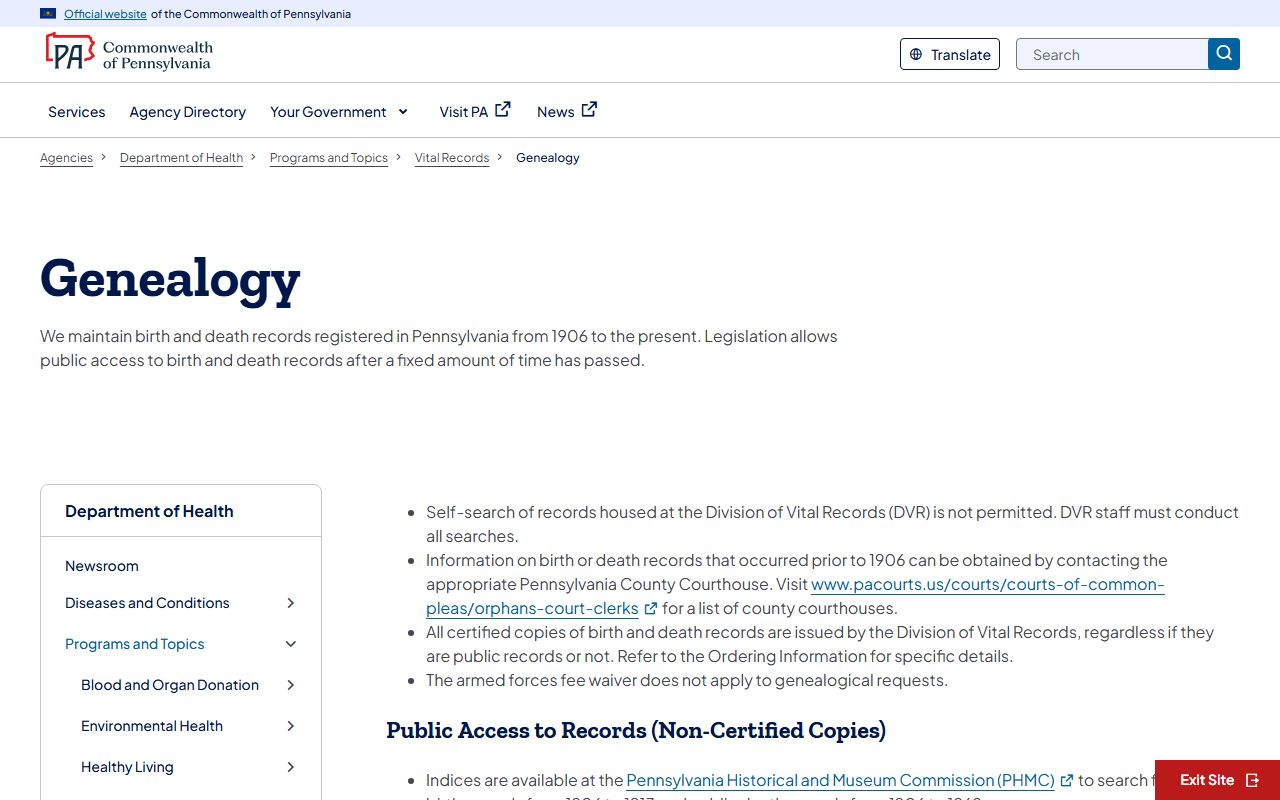 Pennsylvania Department of Health genealogy research information page
