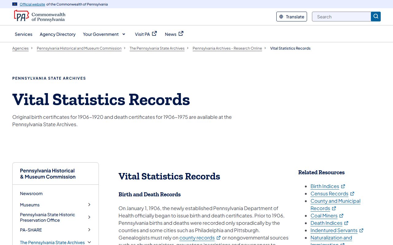 Pennsylvania State Archives vital statistics records page showing marriage record holdings