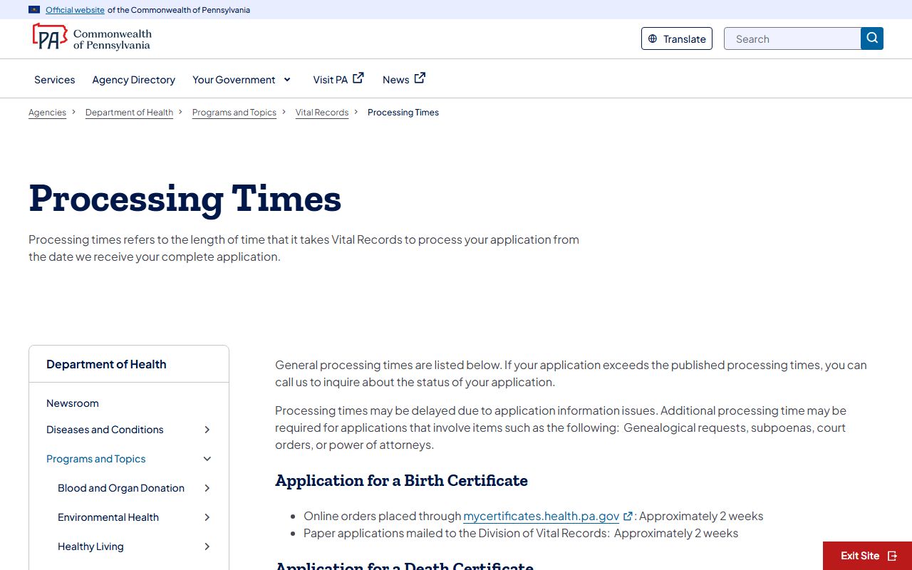 Pennsylvania vital records processing times page showing turnaround times for birth and death certificates