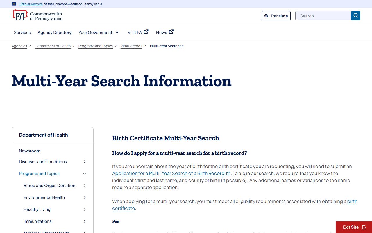 Pennsylvania multi-year vital records search page for historical marriage record research