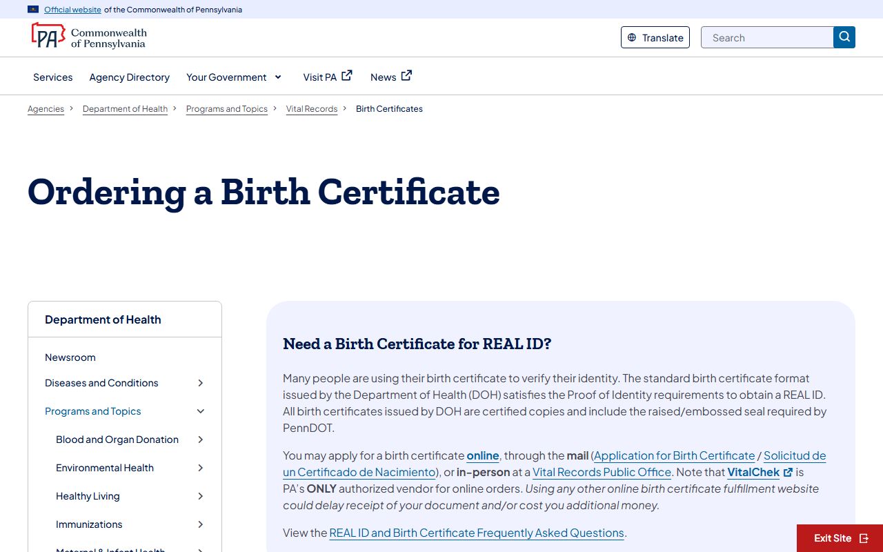 Pennsylvania vital records birth certificates page showing document requirements relevant to marriage applications