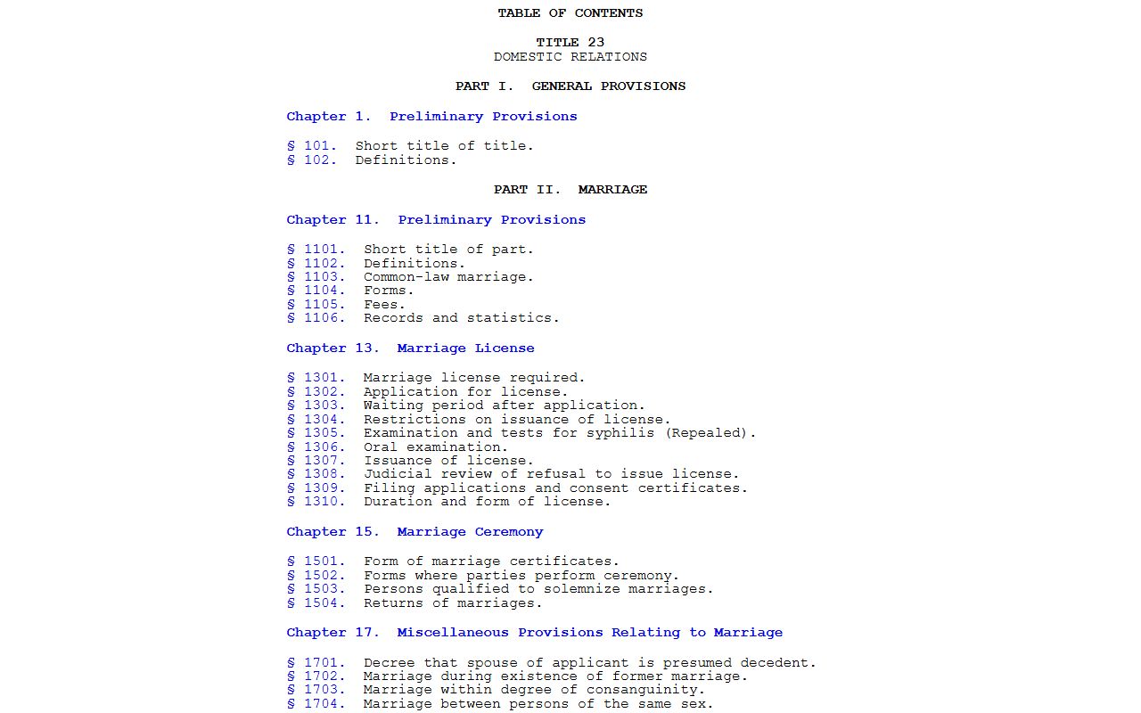 Pennsylvania Title 23 Domestic Relations Code showing marriage license statutes